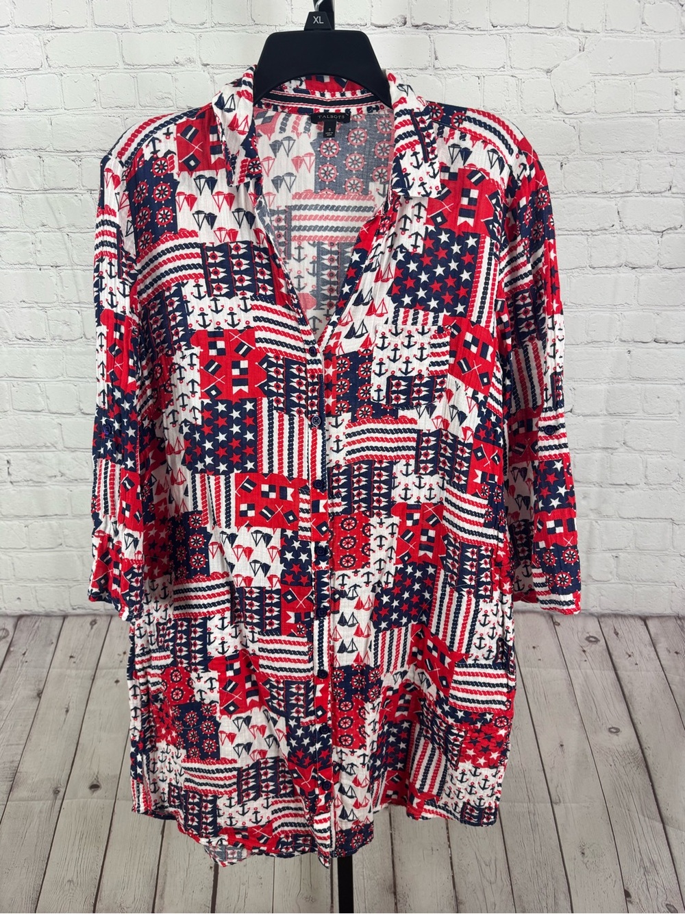 Talbots Patriotic Americana Crinkle Cotton Button Down Beach Shirt Cover Up Sz S